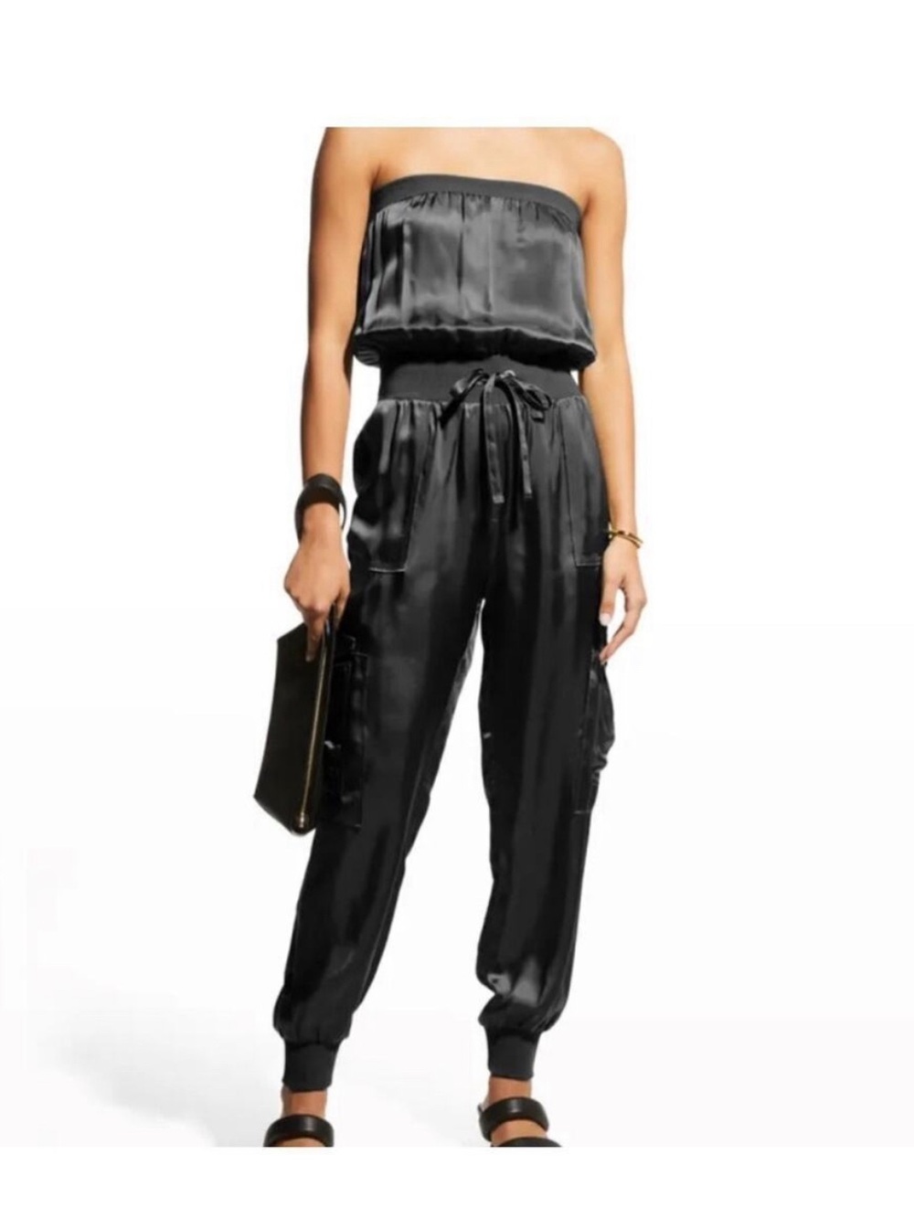 Cinq à Sept Strapless Black Satin Jumpsuit with Drawstring Waist